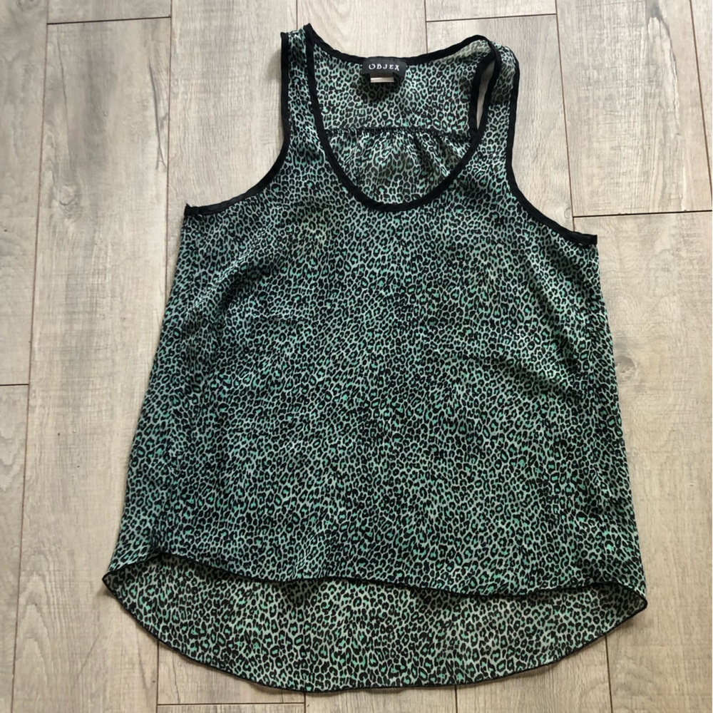 Objex‎ L Sheer, turquoise, cheetah, print top